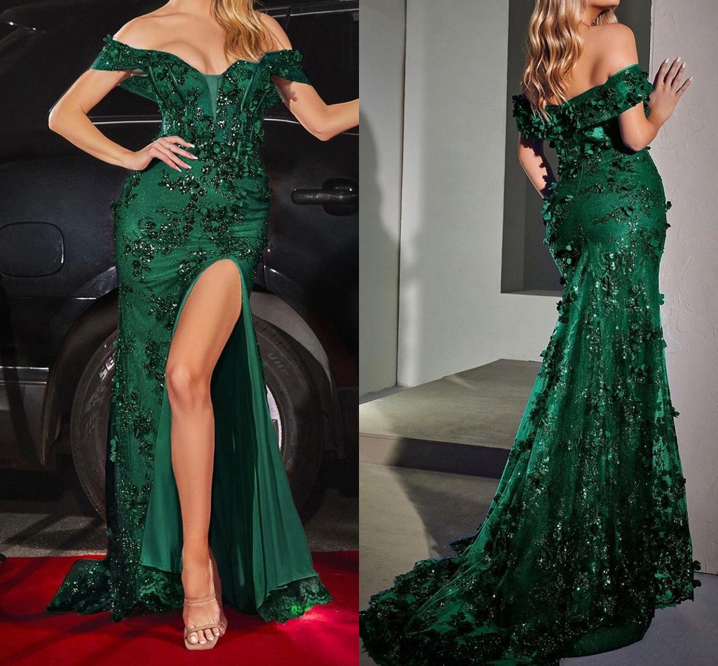 Green Sexy Hunter Mermaid Prom Dresses Long For Black Women Plus Size Off Shoulder Applique High Side Split Formal Ocn Evening Birthday Club Party Pag