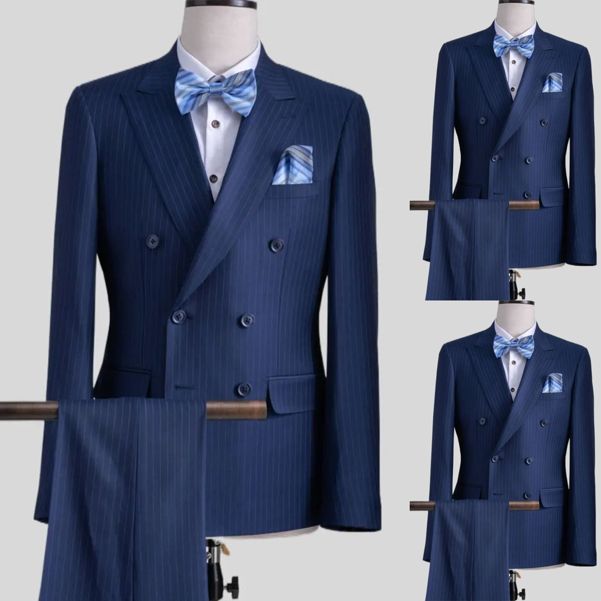 Pinstripe Men's Wedding Suit 2 Pieces Coat With Pants Peaked Lapel Groom Wear Double Breasted Business Tuxedos Customize