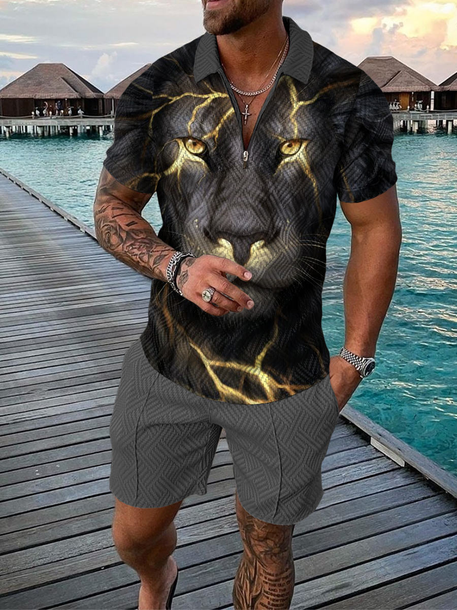 Men's Tracksuits Summer Men Casual Set Lion Pattern Polo Shirt Shorts Men's Tracksuit 2 Pieces Outfit Clothing For Men Fashion Men's Po