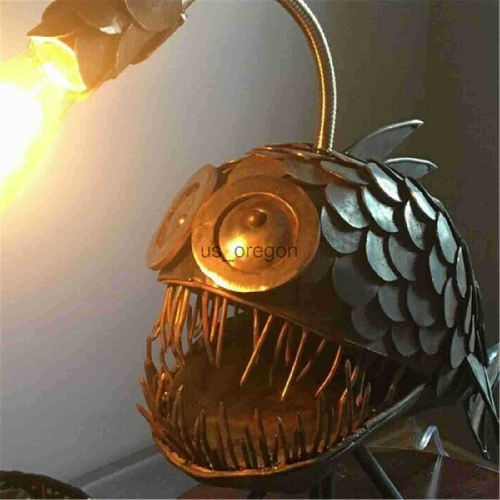 Decorative Objects Figurines Creative Angler Fish Desk Lamp Shark Desktop Night Light USB Metal Art Lantern Table Decoration Bedroom Home Decoration G