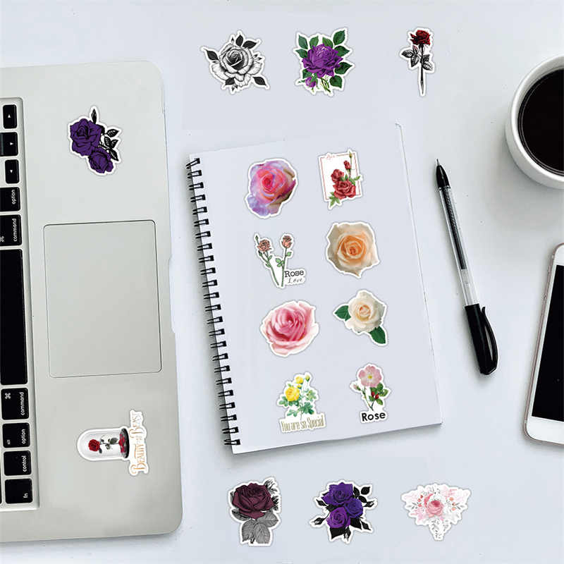 50Pcs Colorful Rose Stickers Beautiful Flower Graffiti Kids Toy Skateboard Car Motorcycle Bicycle Sticker Decals