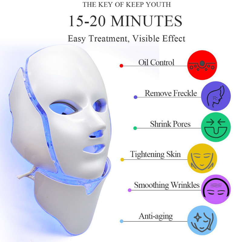Face Massager LED Pon 7 Color Mask Skin Rejuvenation Therapy Neck Anti-wrinkle Age Machine Whiten Repair Beauty Care Massage Tools 230626