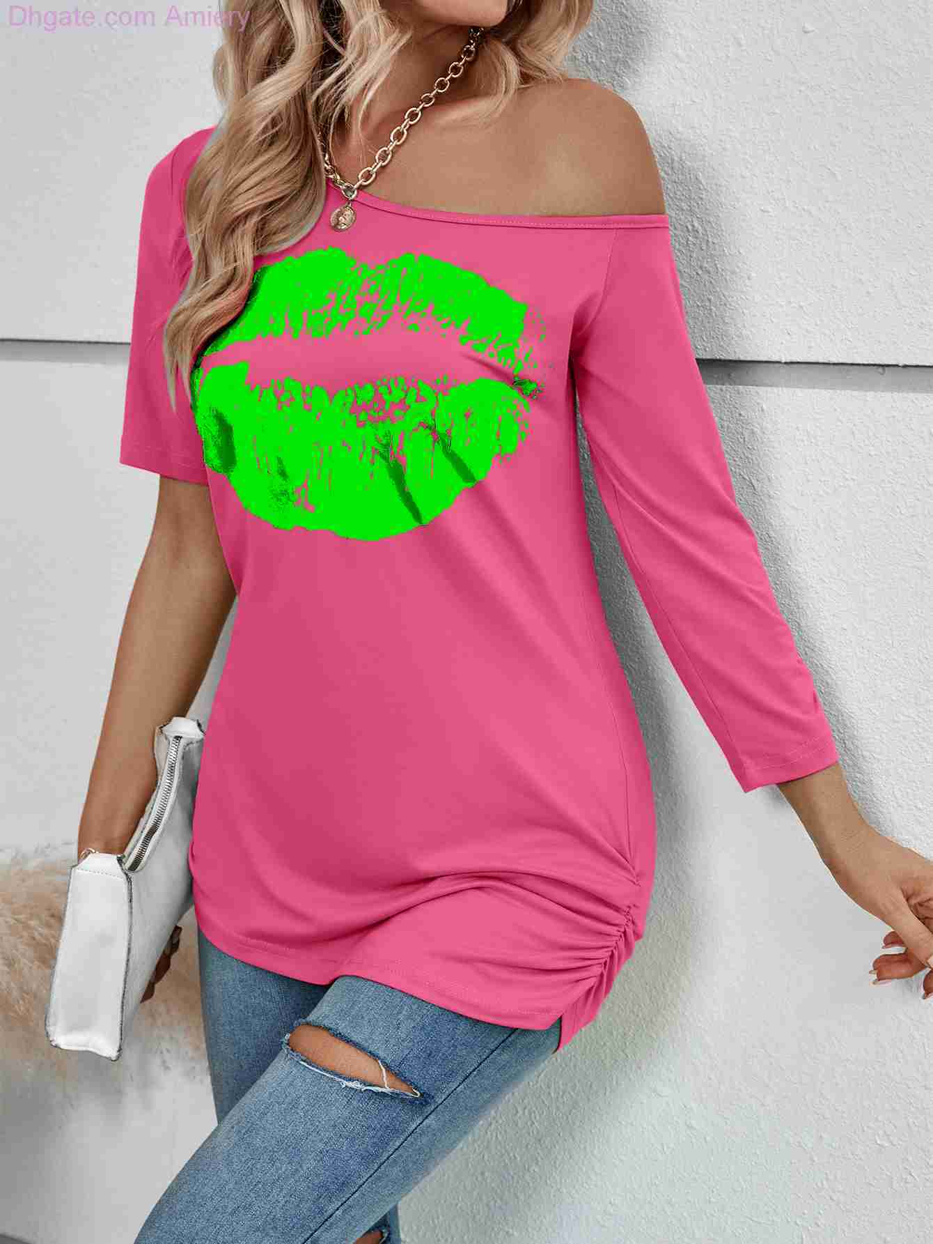 Summer Women T-shirt Lip Printed Short Sleeve T-shirts Off Shoulder Irregular Fashion Slim Tops Black Casual Plus Size Woman Clothing Shirts Xxxl