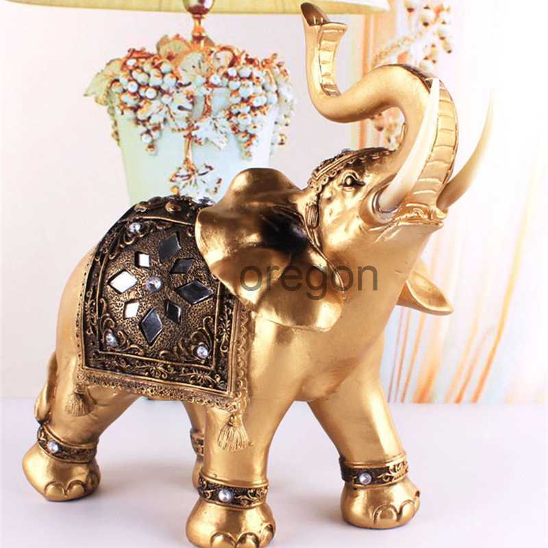 Decorative Objects Figurines Golden Resin Elephant Statue Feng Shui Elegant Elephant Trunk Sculpture Lucky Wealth Figurine Crafts Ornaments For Home D