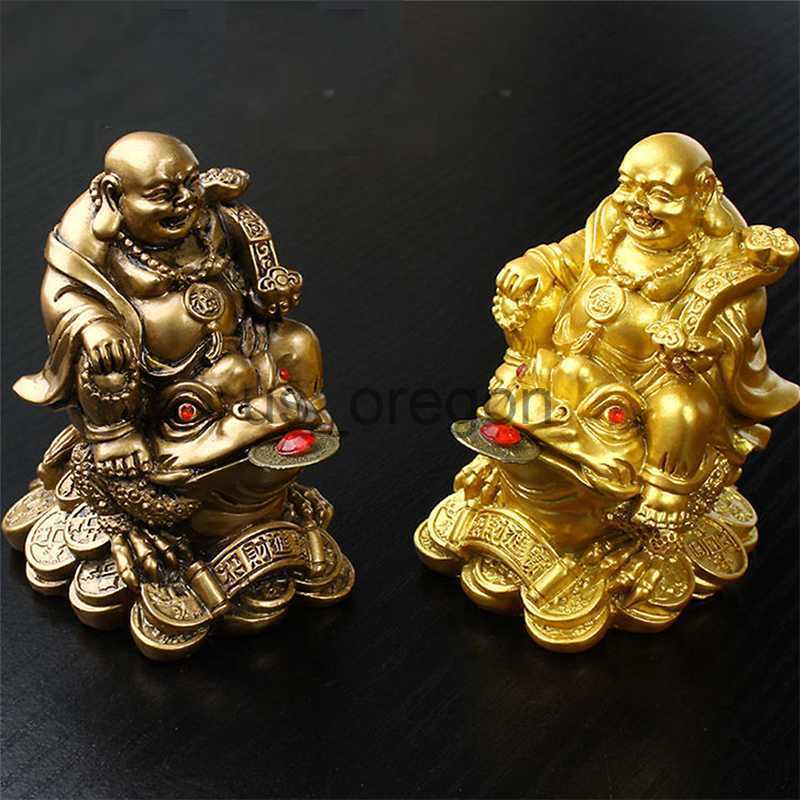 Decorative Objects Figurines LUCKY Feng Shui Maitreya Buddha Statue Toad Figurine Money Fortune Wealth Chinese Golden Frog Home Office Tabletop Decora