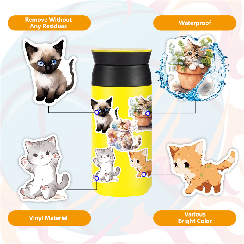 50Pcs Watercolor Style Cat Plant Stickers Cute Kitty Graffiti Kids Toy Skateboard Car Motorcycle Bicycle Sticker Decals
