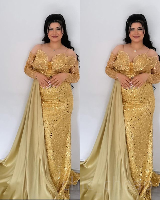 2023 Aso Ebi Gold Mermaid Prom Dress Sequined Lace Evening Formal Party Second Reception Birthday Bridesmaid Engagement Gowns Dresses Robe De Soiree Z