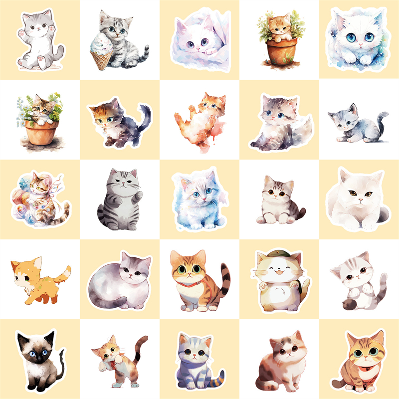 50Pcs Watercolor Style Cat Plant Stickers Cute Kitty Graffiti Kids Toy Skateboard Car Motorcycle Bicycle Sticker Decals