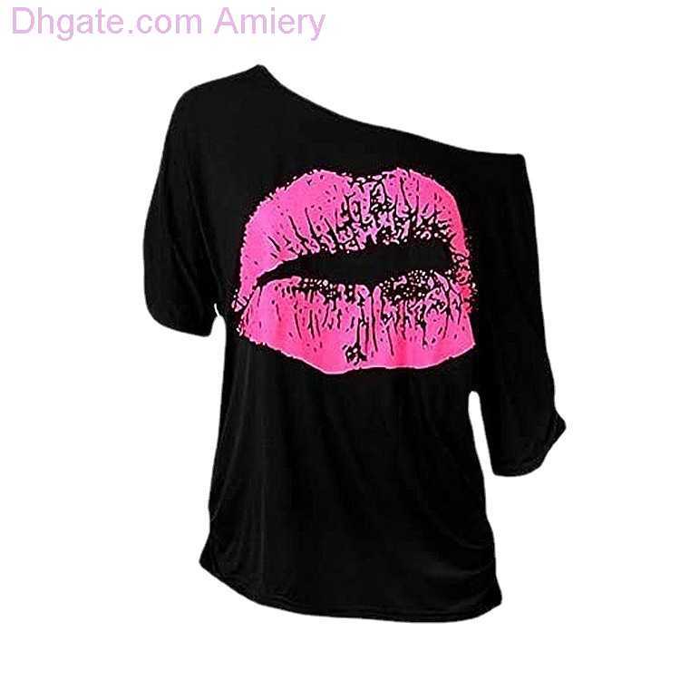 Summer Women T-shirt Lip Printed Short Sleeve T-shirts Off Shoulder Irregular Fashion Slim Tops Black Casual Plus Size Woman Clothing Shirts Xxxl