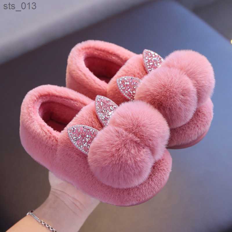 Winter Children Girls Cartoon Rabbit Indoor Home Slippers Thick Fur Warm Shoes Boys Kids Casual Footwear Baby Cotton Slippers L230518