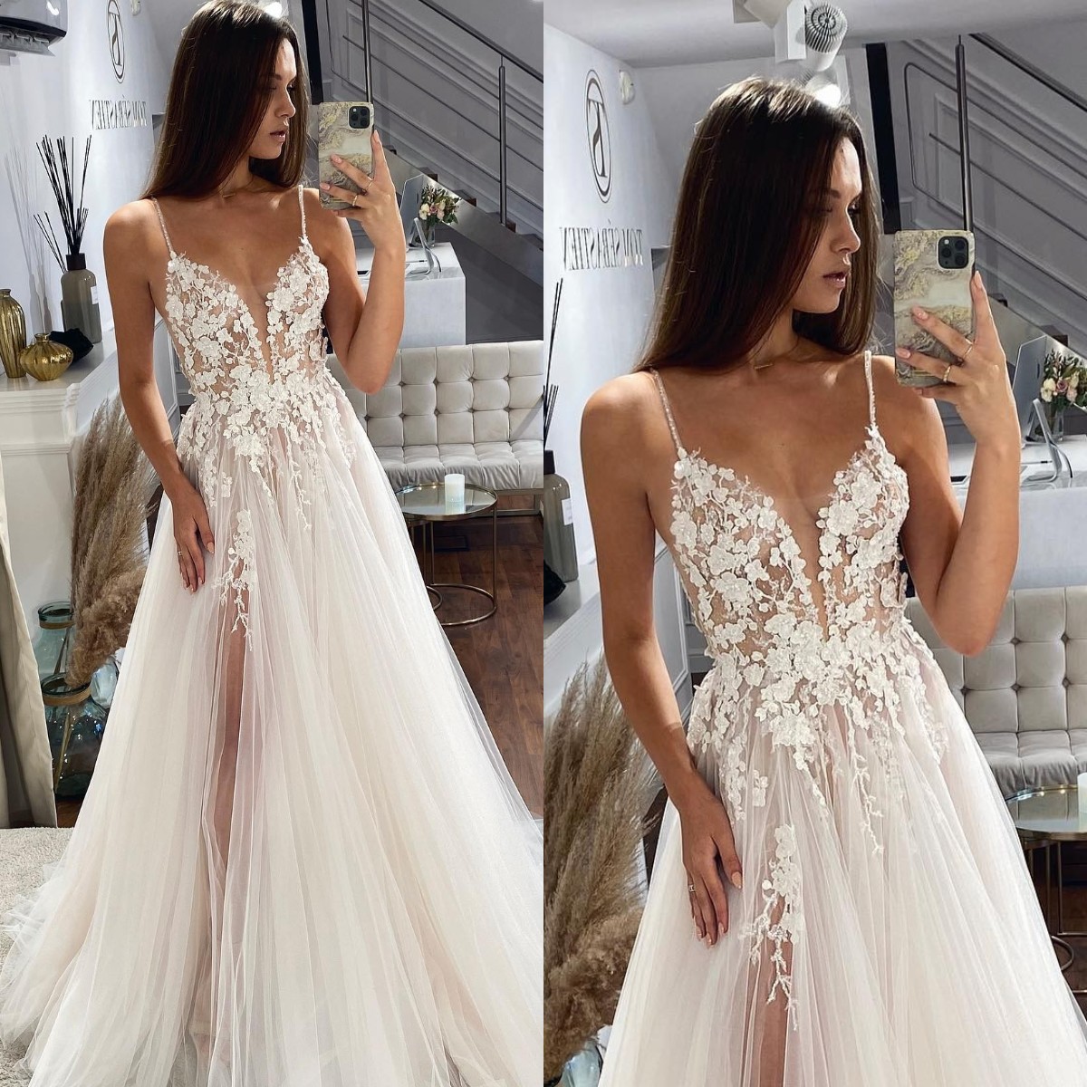 Sexy A e Dresses for bride Spaghetti Appliques Wedding Dress Sweep Train Thigh Slit Long designer bridal gowns