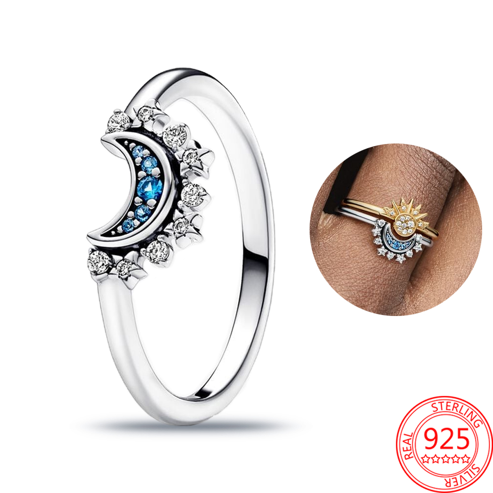 925 Sterling Silver Celestial Bodies Blue Glittering Moon Ring Solar Ring Female Silver Jewelry Fashion Accessories Free Delivery