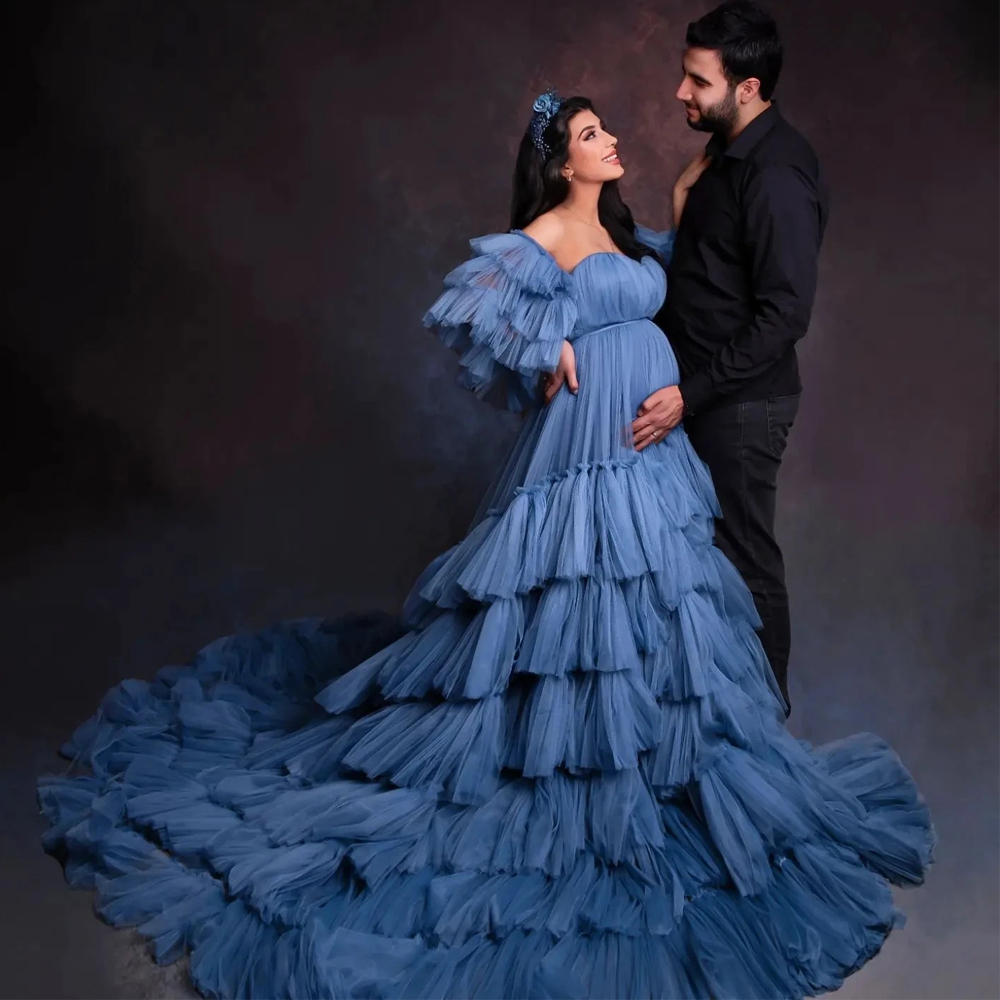 Fluffy Tiered Tulle Maternity Party Dress Photoshoot Front Split Layered Mesh Sweetheart Photography Dresses for Pregnant Woman Custom Made