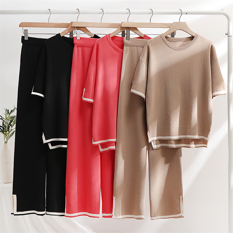 Womens Two Piece Pants Set Elegant Sets Ice Knitted Summer Outfits For Women Short Sleeve Pajama Suit 230627