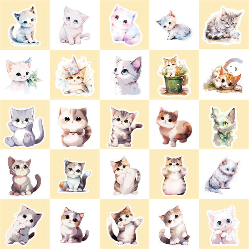 50Pcs Watercolor Style Cat Plant Stickers Cute Kitty Graffiti Kids Toy Skateboard Car Motorcycle Bicycle Sticker Decals