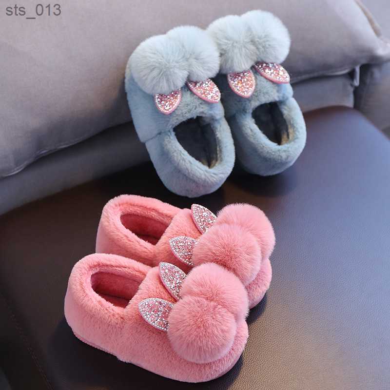 Winter Children Girls Cartoon Rabbit Indoor Home Slippers Thick Fur Warm Shoes Boys Kids Casual Footwear Baby Cotton Slippers L230518