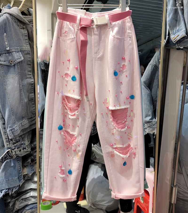 Women' Pants Women Holes Loose Jeans Ladies Pearl High Waist Female Green Fashion Ripped Jean Personality Denim Harem, Pink
Women' Pants Women Holes Loose Jeans Ladies Pearl High Waist Female Green Fashion Ripped Jean Personality Denim Harem, Pink