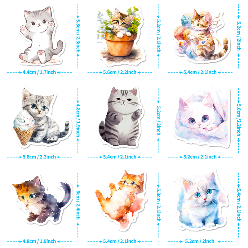 50Pcs Watercolor Style Cat Plant Stickers Cute Kitty Graffiti Kids Toy Skateboard Car Motorcycle Bicycle Sticker Decals