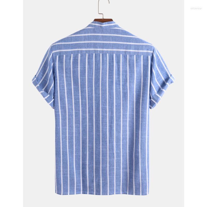 Men's Dress Shirts Mens Stripe Printed Short Sleeve Stand Collar Cotton Casual Blue Henley