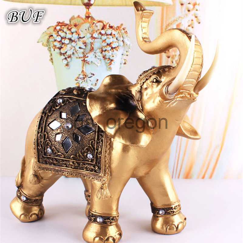 Decorative Objects Figurines Golden Resin Elephant Statue Feng Shui Elegant Elephant Trunk Sculpture Lucky Wealth Figurine Crafts Ornaments For Home D