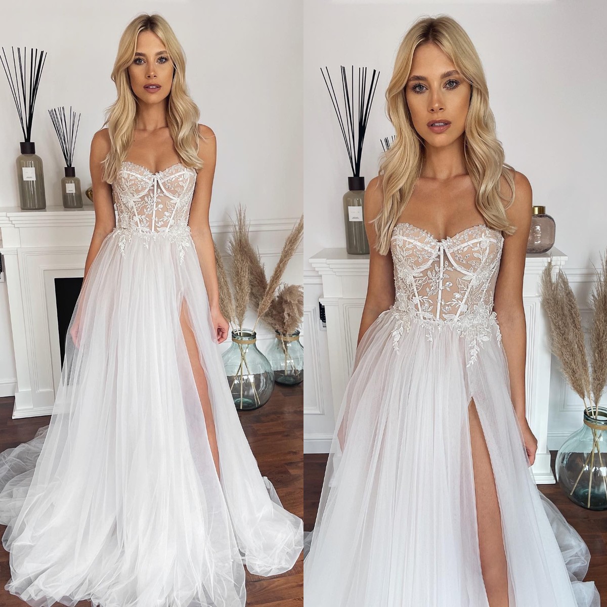 Vintage A e Dresses for bride Sweetheart Sequins Lace Appliques Wedding Dress Sweep Train Thigh Slit Long designer bridal gowns