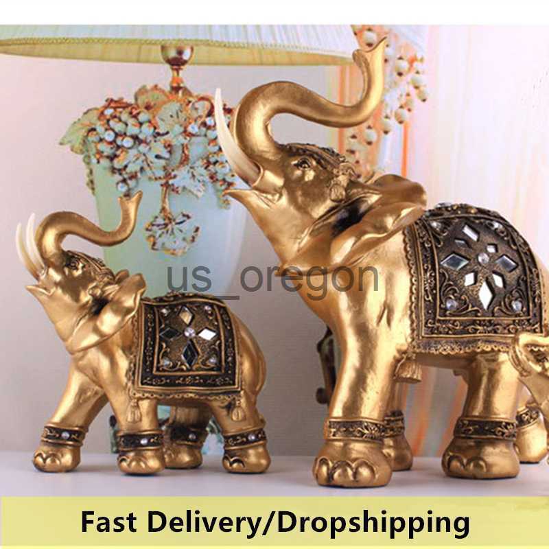 Decorative Objects Figurines Golden Resin Elephant Statue Feng Shui Elegant Elephant Trunk Sculpture Lucky Wealth Figurine Crafts Ornaments For Home D