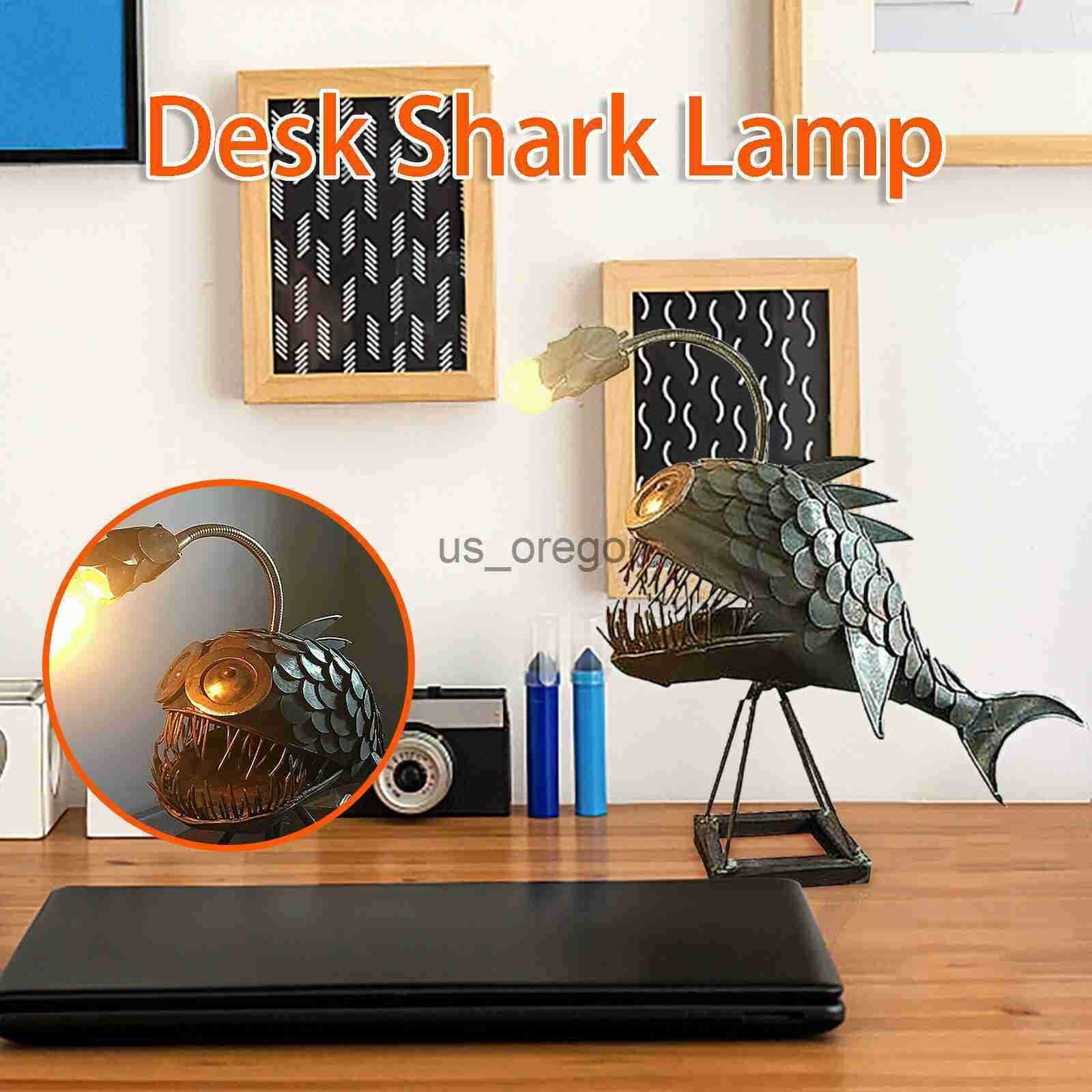 Decorative Objects Figurines Creative Angler Fish Desk Lamp Shark Desktop Night Light USB Metal Art Lantern Table Decoration Bedroom Home Decoration G
