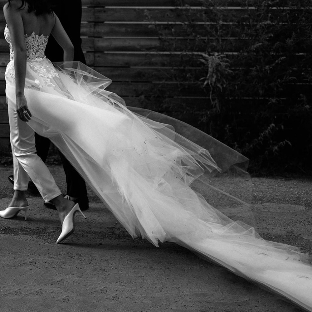 Unique Sheath Wedding Dresses with Detachable Train Strapless 2 Pieces Bridal Pants Suit Bride Jumpsuit for Wedding Party