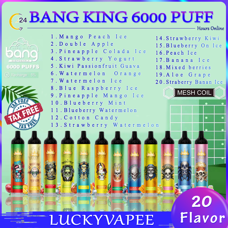 Original Bang King 6000 Puffs 0% 2% 3% 5% Disposable E cigarette Device Pod Kit 850mAh Rechargeable Battery Prefilled 14ml Coil Cartridge Vape tick Pen VS bang 6000
Original Bang King 6000 Puffs 0% 2% 3% 5% Disposable E cigarette Device Pod Kit 850mAh Rechargeable Battery Prefilled 14ml Coil Cartridge Vape tick Pen VS bang 6000