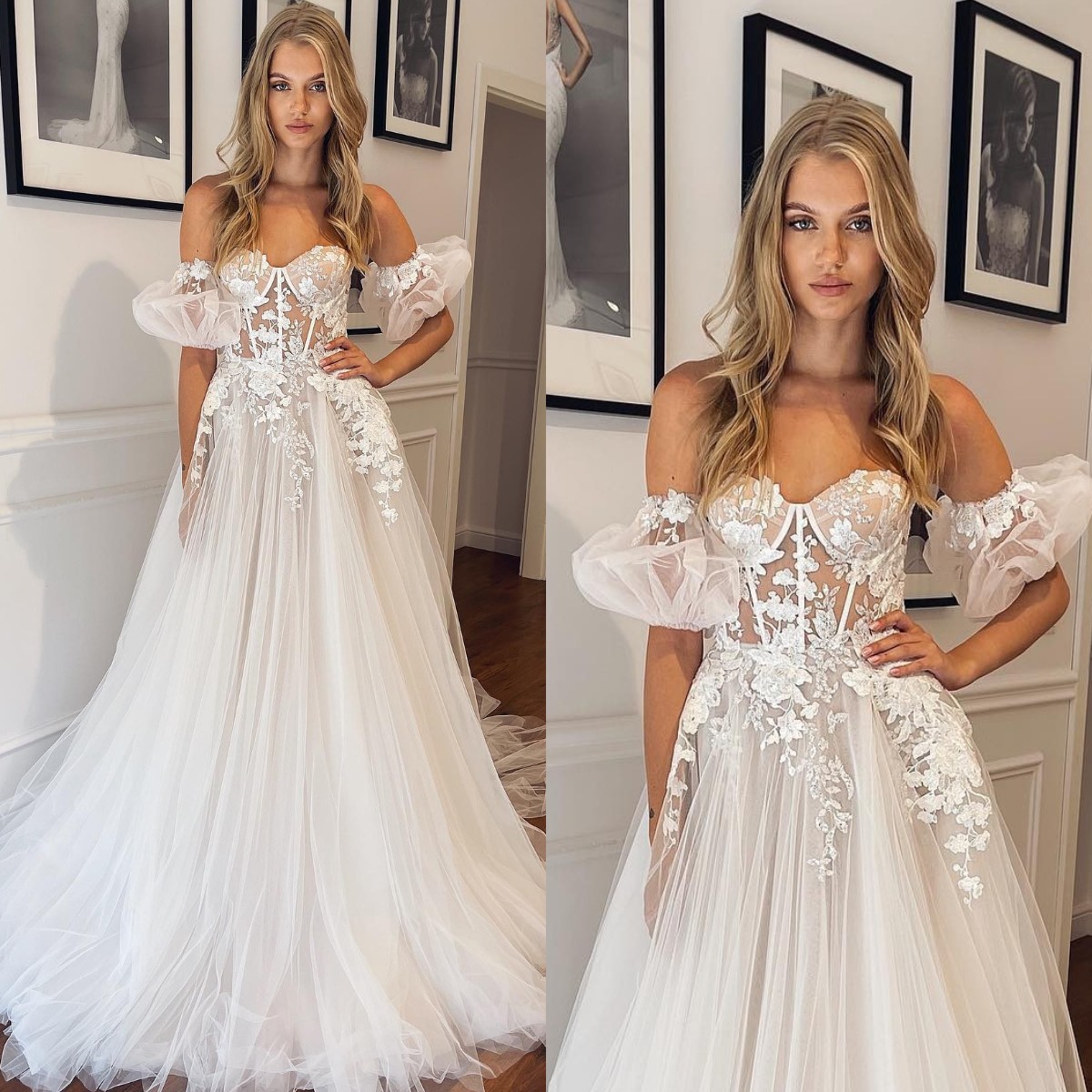 A Line Vintage Dresses For Bride Sweetheart Appliques Wedding Dress Sweep Train Backless Puffy Sleeves Long Designer Bridal Gowns ppliques
