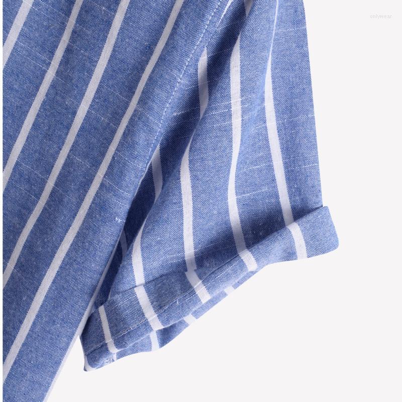 Men's Dress Shirts Mens Stripe Printed Short Sleeve Stand Collar Cotton Casual Blue Henley