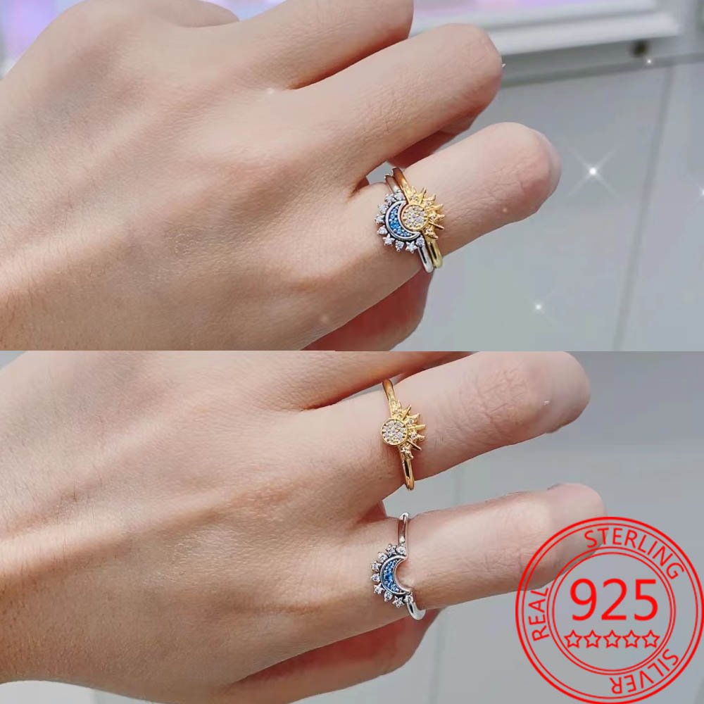 925 Sterling Silver Celestial Bodies Blue Glittering Moon Ring Solar Ring Female Silver Jewelry Fashion Accessories Free Delivery