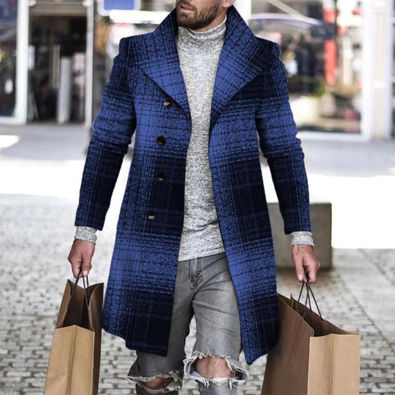 Men's Trench Coats Classic Mid-Length Coat Pockets Anti-freeze Loose Fit Men Fashion Casual Plaid Stitch Thickened Woolen Jacket