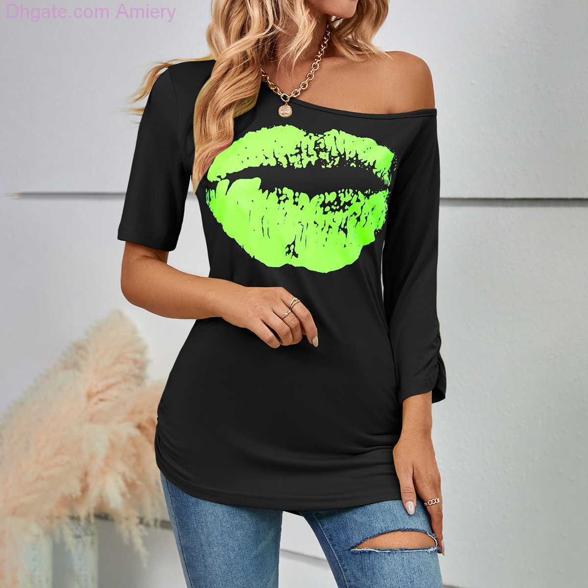 Summer Women T-shirt Lip Printed Short Sleeve T-shirts Off Shoulder Irregular Fashion Slim Tops Black Casual Plus Size Woman Clothing Shirts Xxxl