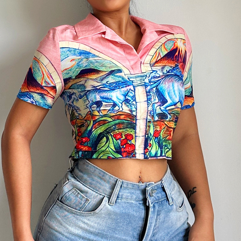 Women's T Shirts 2023 Beach Holiday Style Loose Top Landscape Print Short Crop Polo Collar Shirt T-Shirt