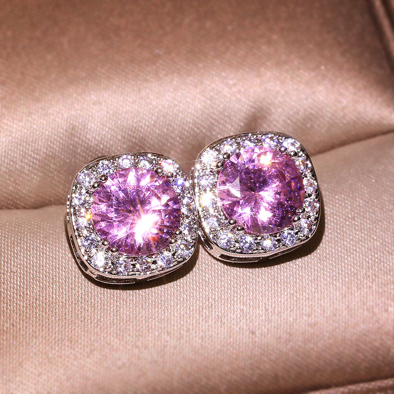 Luxury 925 Silver Geometric Round Diamond Stud Earrings for Women - Shiny Crystal Pins