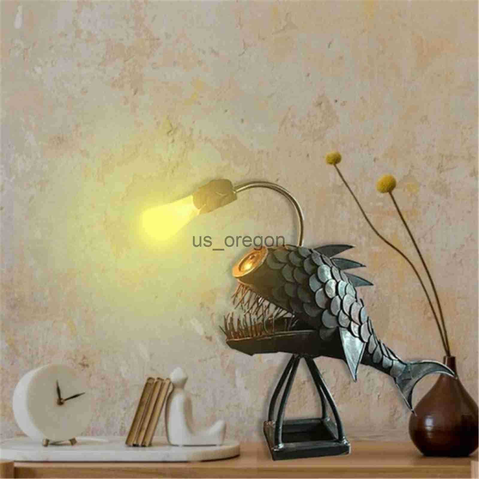 Decorative Objects Figurines Creative Angler Fish Desk Lamp Shark Desktop Night Light USB Metal Art Lantern Table Decoration Bedroom Home Decoration G
