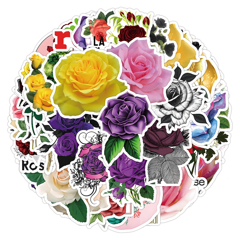 50Pcs Colorful Rose Stickers Beautiful Flower Graffiti Kids Toy Skateboard Car Motorcycle Bicycle Sticker Decals