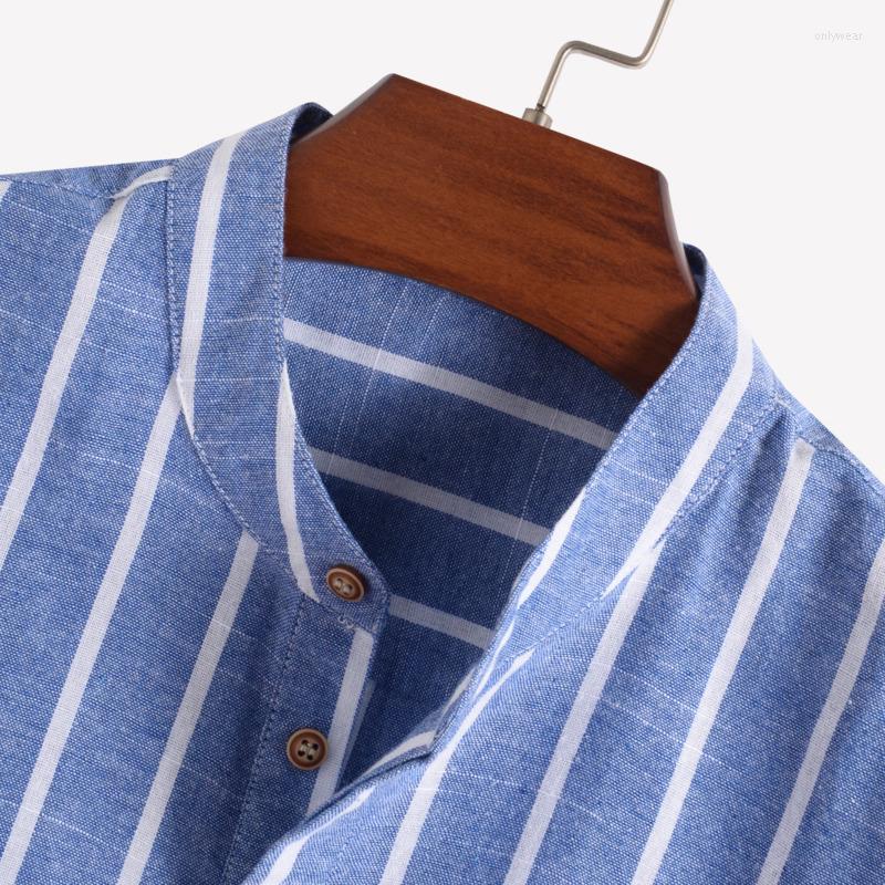 Men's Dress Shirts Mens Stripe Printed Short Sleeve Stand Collar Cotton Casual Blue Henley