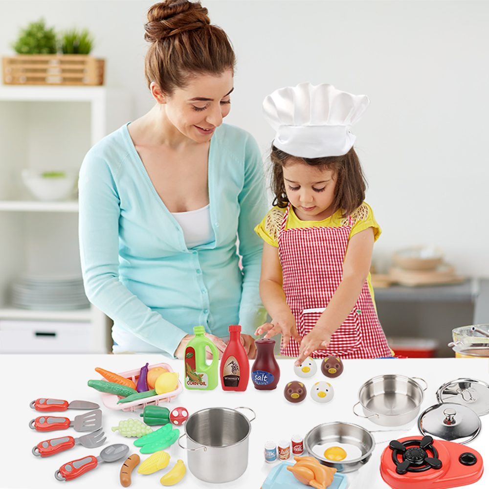 Kitchens Play Food 42 PCS Pretend Play Kitchen Toy Children Chef Role Playset Cooking Set Educational Gift for Toddlers Kids Girls Boys 230626