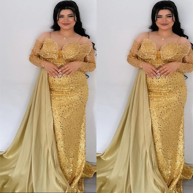 2023 Aso Ebi Gold Mermaid Prom Dress Sequined Lace Evening Formal Party Second Reception Birthday Bridesmaid Engagement Gowns Dresses Robe De Soiree Z