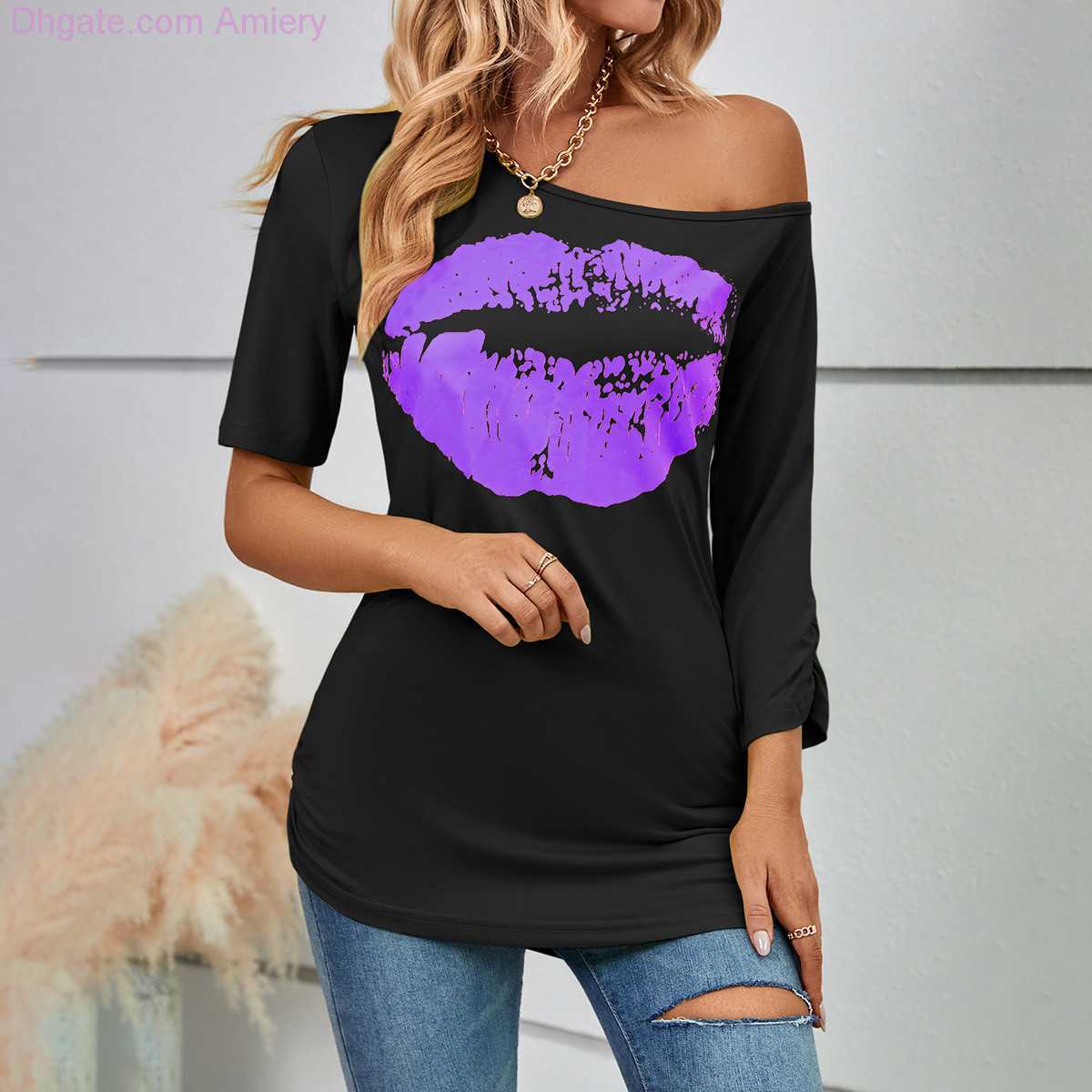 Summer Women T-shirt Lip Printed Short Sleeve T-shirts Off Shoulder Irregular Fashion Slim Tops Black Casual Plus Size Woman Clothing Shirts Xxxl