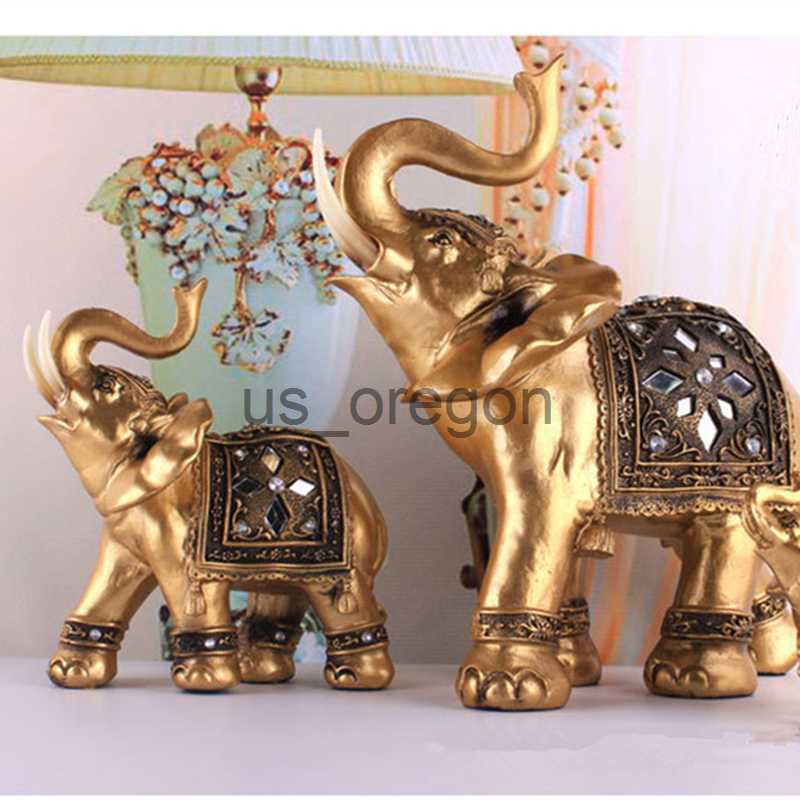 Decorative Objects Figurines Golden Resin Elephant Statue Feng Shui Elegant Elephant Trunk Sculpture Lucky Wealth Figurine Crafts Ornaments For Home D