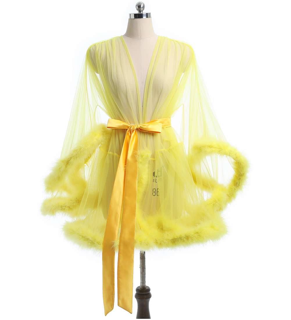 Urban Sexy Dresses Short Feather Robe Dressing Gown Bridal Boudoir Sheer Tulle Illusion Birthday Costume Upgraded Long 230627