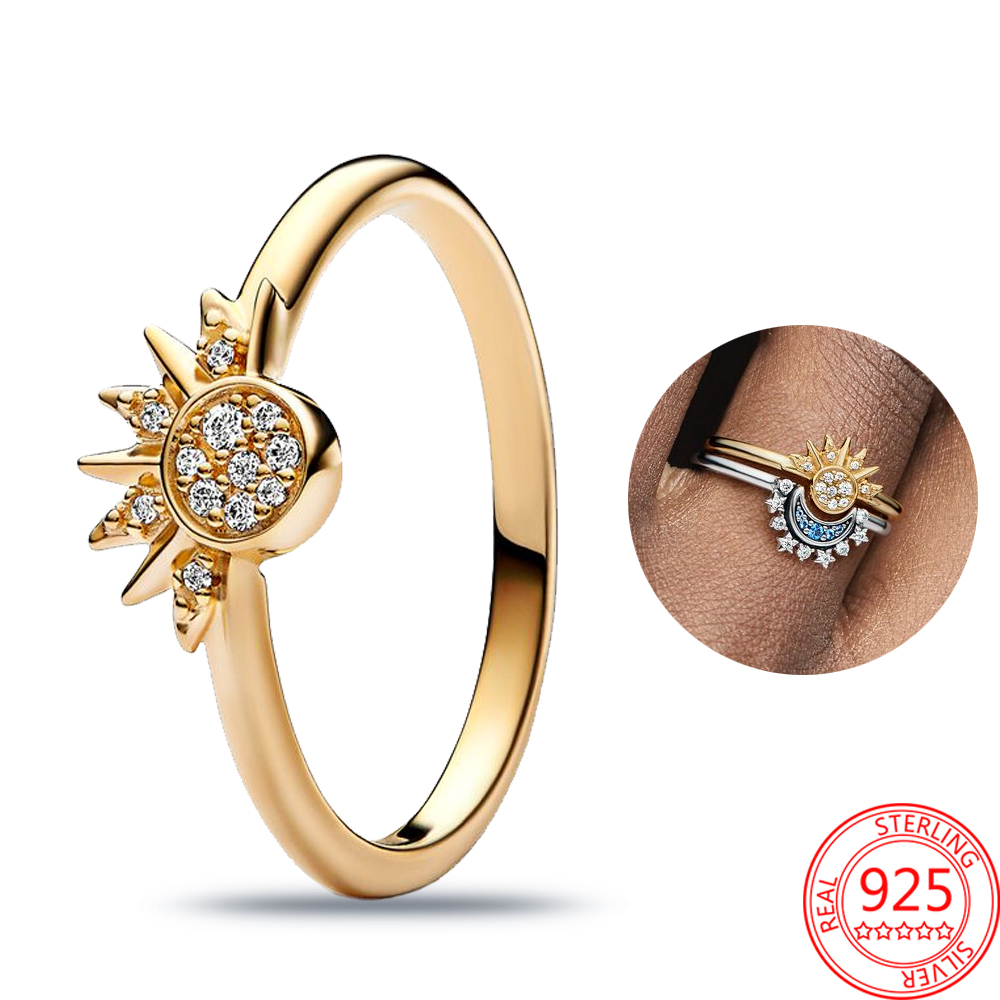 925 Sterling Silver Celestial Bodies Blue Glittering Moon Ring Solar Ring Female Silver Jewelry Fashion Accessories Free Delivery