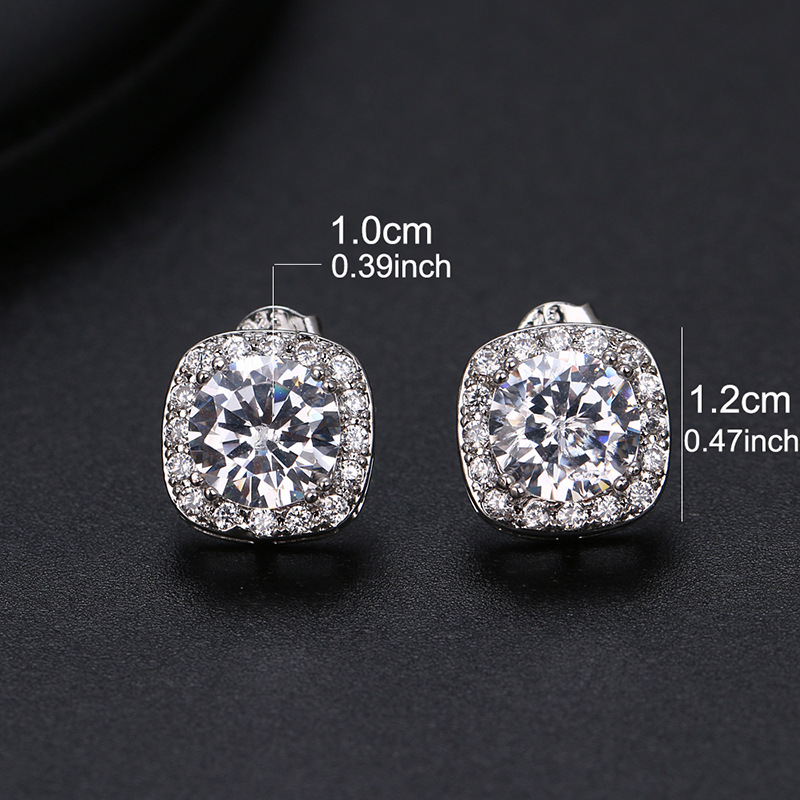 Luxury 925 Silver Geometric Round Diamond Stud Earrings for Women - Shiny Crystal Pins
