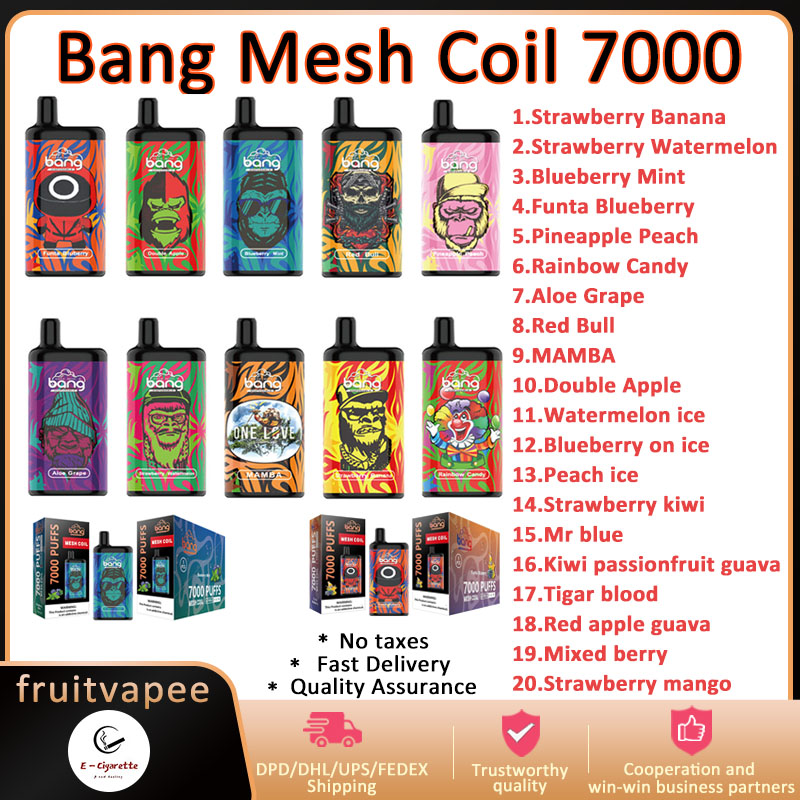Original Bang Mesh Coil 7000 Puffs 0% 2% 3% 5% Disposable Vape Pen Electronic Cigarettes bar 850mAh Rechargeable Battery Prefilled 15ml Coil Cartridge Vapor Kit VS bang 7k
Original Bang Mesh Coil 7000 Puffs 0% 2% 3% 5% Disposable Vape Pen Electronic Cigarettes bar 850mAh Rechargeable Battery Prefilled 15ml Coil Cartridge Vapor Kit VS bang 7k