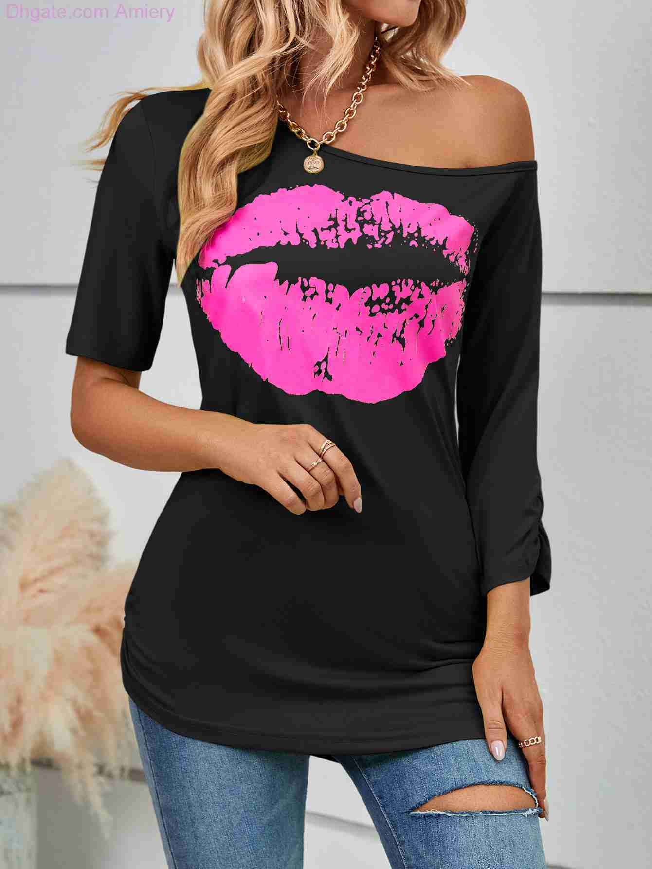 Summer Women T-shirt Lip Printed Short Sleeve T-shirts Off Shoulder Irregular Fashion Slim Tops Black Casual Plus Size Woman Clothing Shirts Xxxl
