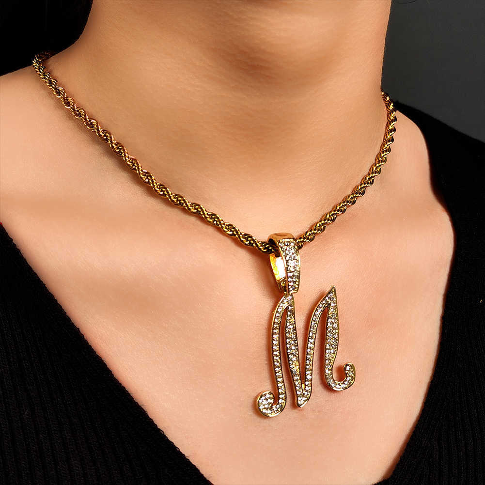 Charms Bling Iced Out Chain Crystal Cursive Initials Pendant Necklace for Women Cuban Choker Stainless Steel Zircon Jewelry 230613
