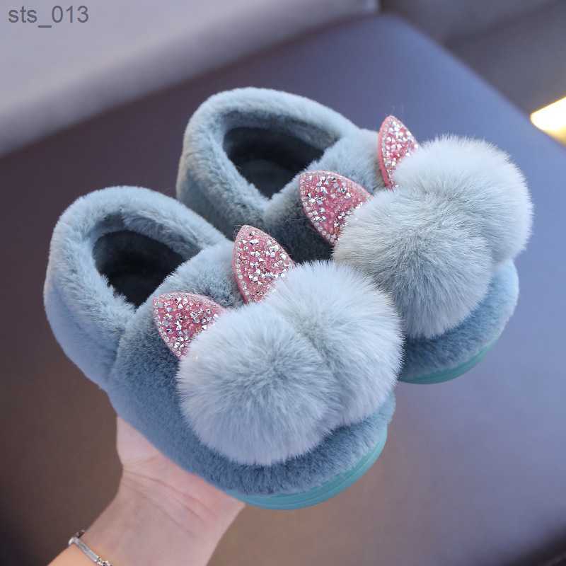 Winter Children Girls Cartoon Rabbit Indoor Home Slippers Thick Fur Warm Shoes Boys Kids Casual Footwear Baby Cotton Slippers L230518